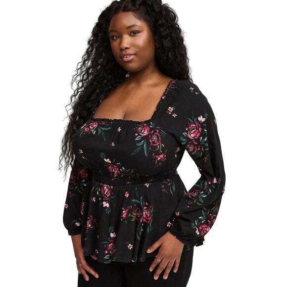 NWT Torrid Rayon Slub Waist Detail Blouson Sleeve Top Black Floral Size 4X - Picture 2 of 7